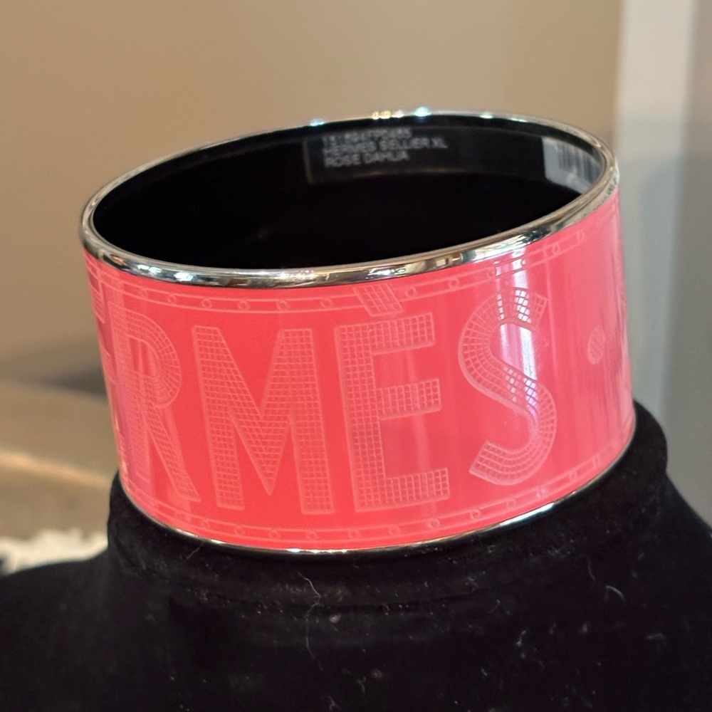 Hermes Selleria XL Rose Dahlia and silver with enamel and palladium bangle